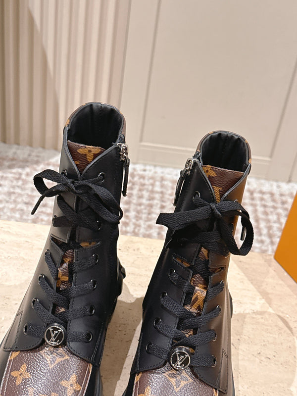 LV Squad Lace-up Ankle Boot 5cm Black Cowhide Monogram Canvas