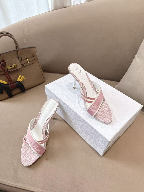 CD 26s Open Toe Mules 8.5cm Pink Oblique Canvas Leather 116945