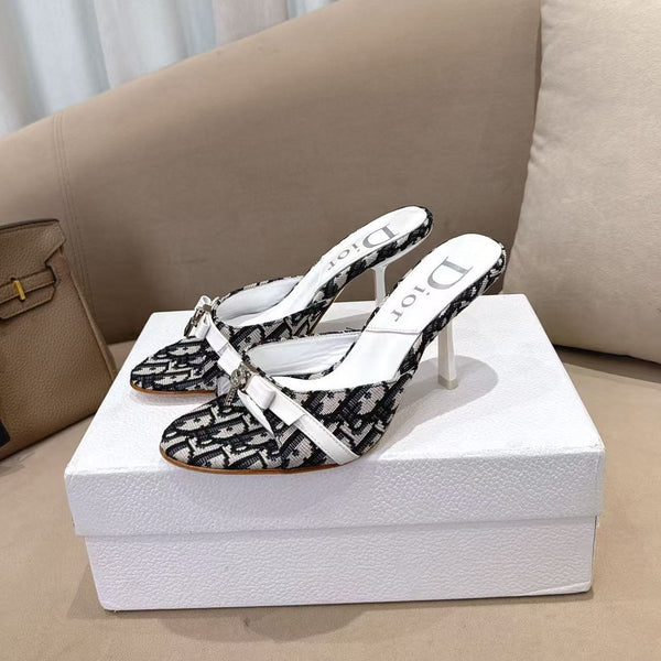 CD 26s Open Toe Mules 8.5cm White Black Oblique Canvas Leather 116948