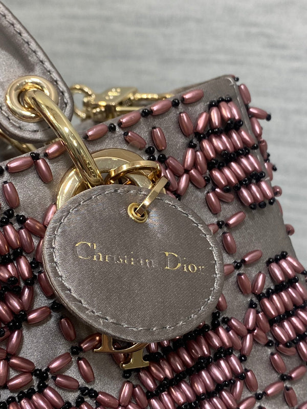 MINI LADY BAG 16 IN WENGE BROWN SATIN AND CALFSKIN WITH BEADED DESIGN
