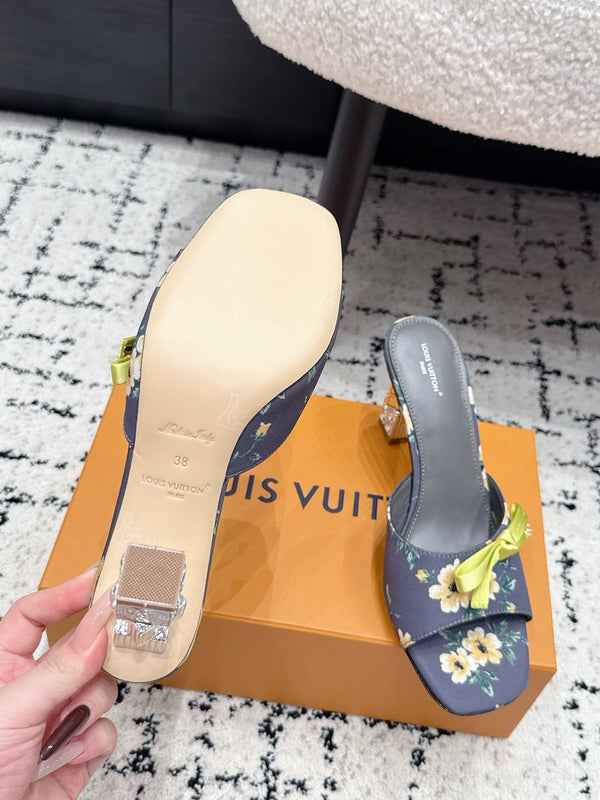 LV Cube Mules 7cm Navy Blue Silk Fabric Sheepskin 880433