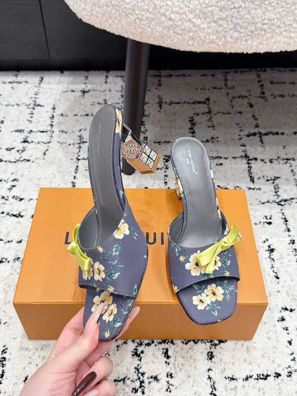 LV Cube Mules 7cm Navy Blue Silk Fabric Sheepskin 880433