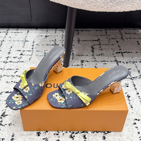 LV Cube Mules 7cm Navy Blue Silk Fabric Sheepskin 880433
