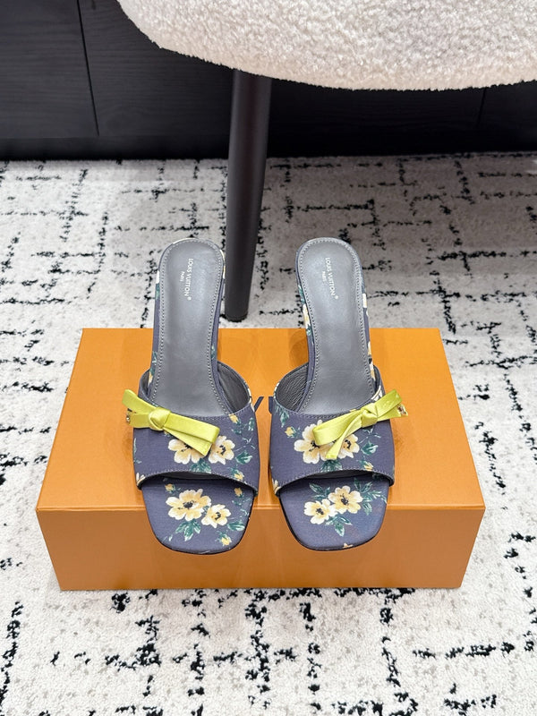 LV Cube Mules 7cm Navy Blue Silk Fabric Sheepskin 880433