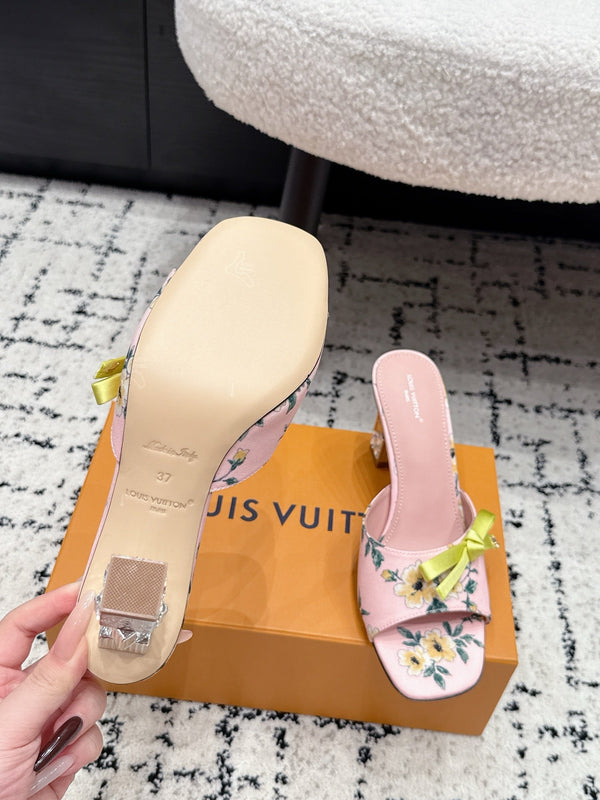 LV Cube Mules 7cm Pink Yellow Silk Fabric Sheepskin 880434