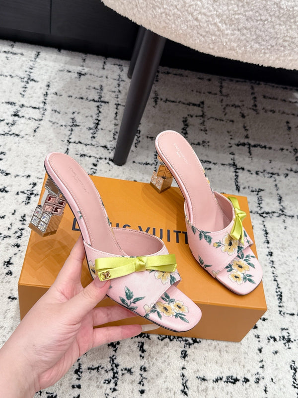LV Cube Mules 7cm Pink Yellow Silk Fabric Sheepskin 880434
