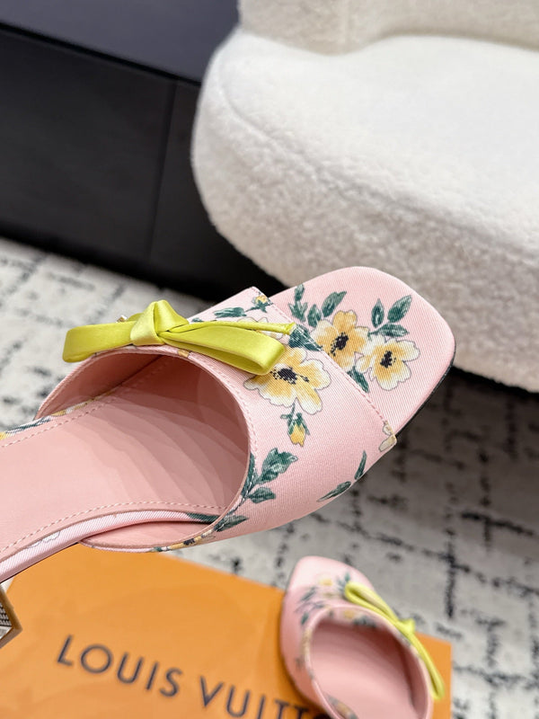 LV Cube Mules 7cm Pink Yellow Silk Fabric Sheepskin 880434