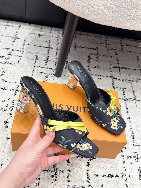 LV Cube Mules 7cm Black Yellow Silk Fabric Sheepskin 880435