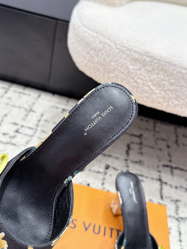 LV Cube Mules 7cm Black Yellow Silk Fabric Sheepskin 880435