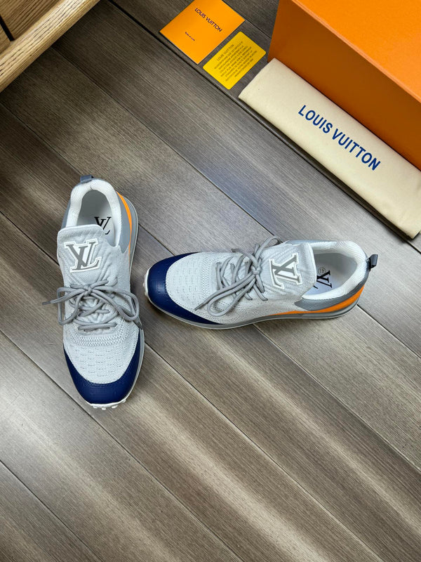 SNEAKERS IN GREY MESH BREATHABLE FABRIC AND BLUE MIX ORANGE CALFSKIN