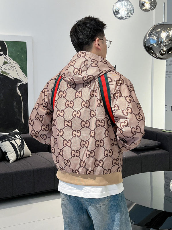 Gucci Men’s Zip Jacket With Web Beige Brown Cotton Technical Fabric
