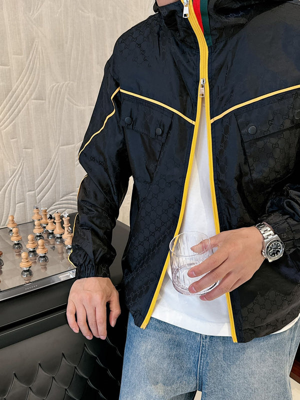Gucci Men’s Jacket Black Yellow Nylon Satin