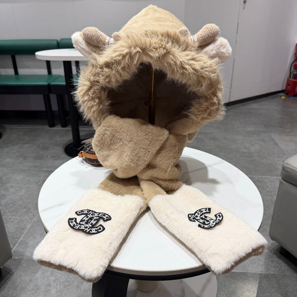 CC Hooded Scarf Gloves Brown Fur 477458