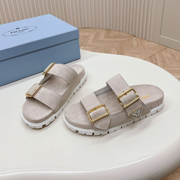 Double Buckle Strap Slides 20 Light Grey Suede
