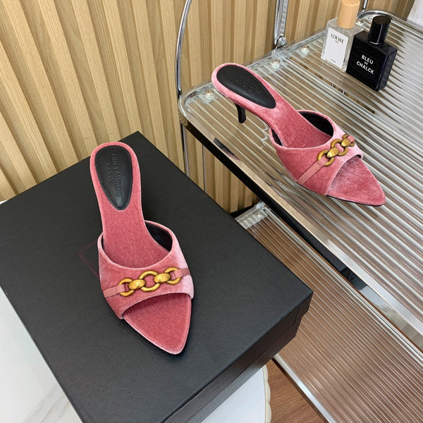 SL CHAIN ATTACH HEELED MULES BLUSH PINK VELVET