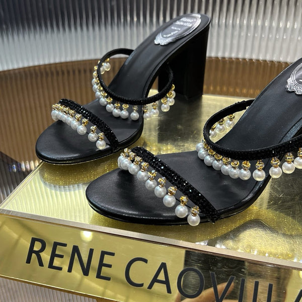 RC Gold Buckle Pearl Crystal Lamp Pendant Sandals 7.5 Black Sheepskin 174996