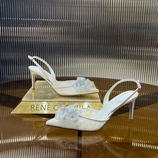 RC 25C Flower-Studded Diamond High-Heeled Sandals White Sheepskin 174905