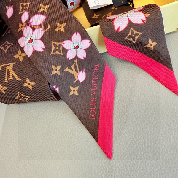 LV Twilly Scarf 120cm Brown Colorful Silk 965655