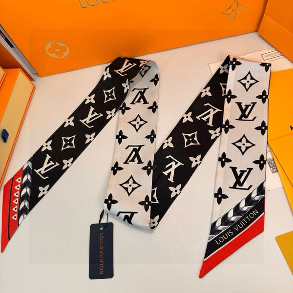 LV Twilly Mini Scarf 120 Black Beige Silk Twill 967459