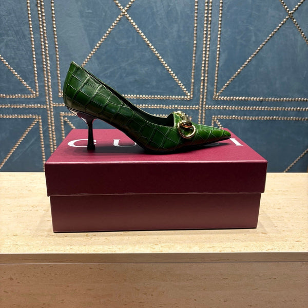 GG 26s Signoria Horsebit Pumps 7cm Green Croc-Effect Leather 106953