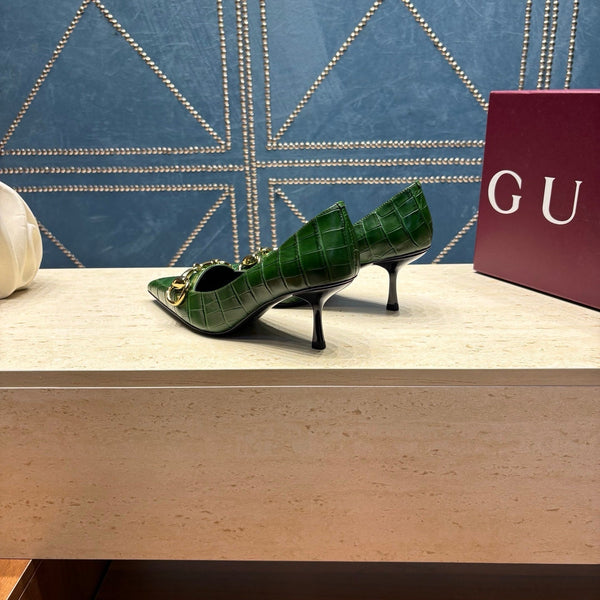 GG 26s Signoria Horsebit Pumps 7cm Green Croc-Effect Leather 106953