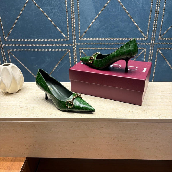 GG 26s Signoria Horsebit Pumps 7cm Green Croc-Effect Leather 106953