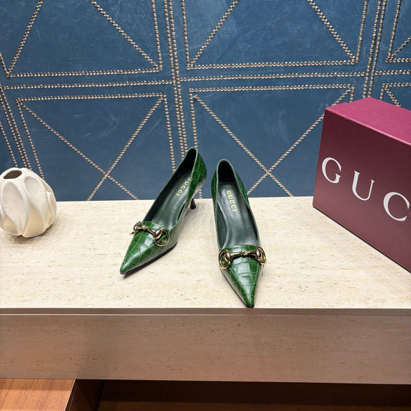 GG 26s Signoria Horsebit Pumps 7cm Green Croc-Effect Leather 106953