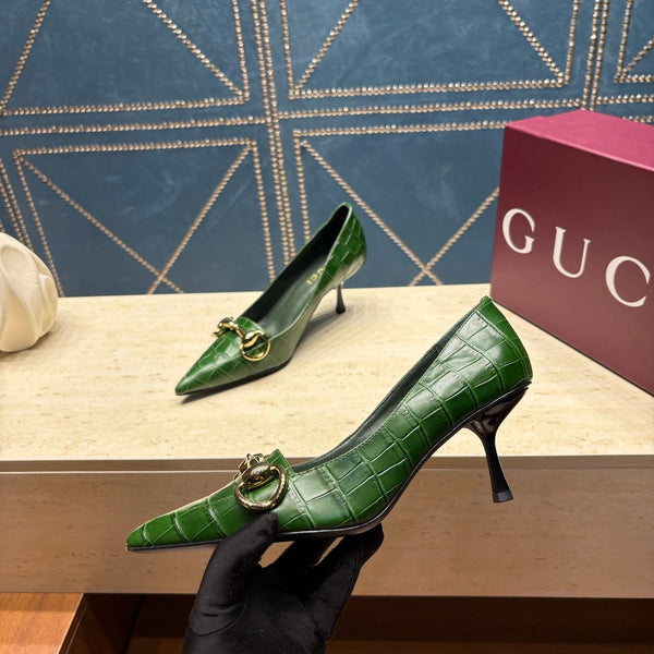 GG 26s Signoria Horsebit Pumps 7cm Green Croc-Effect Leather 106953