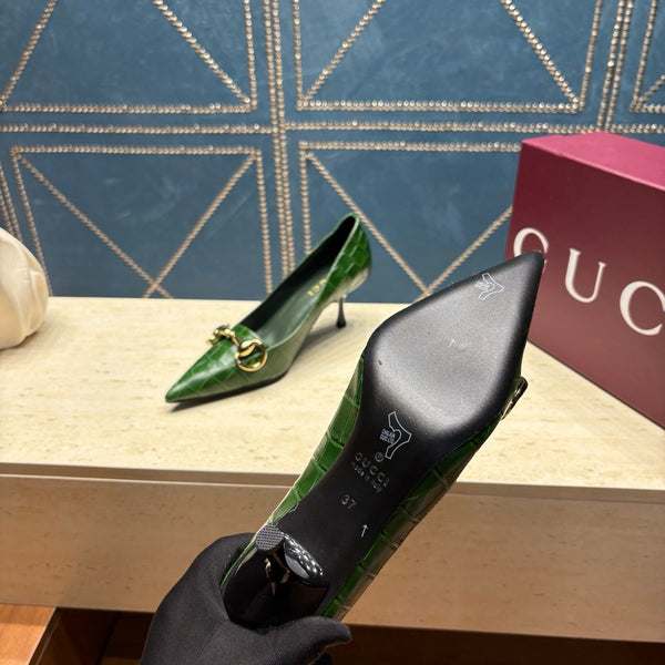 GG 26s Signoria Horsebit Pumps 7cm Green Croc-Effect Leather 106953