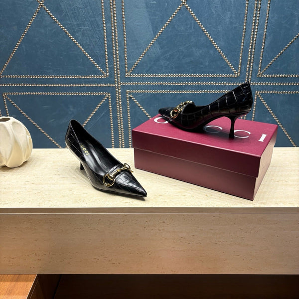 GG 26s Signoria Horsebit Pumps 7cm Black Croc-Effect Leather 106956
