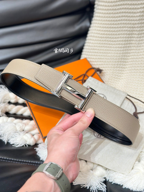 HM 5382 BELT SILVER BUCKLE & REVERSIBLE CAMEL BROWN LEATHER STRAP 38MM