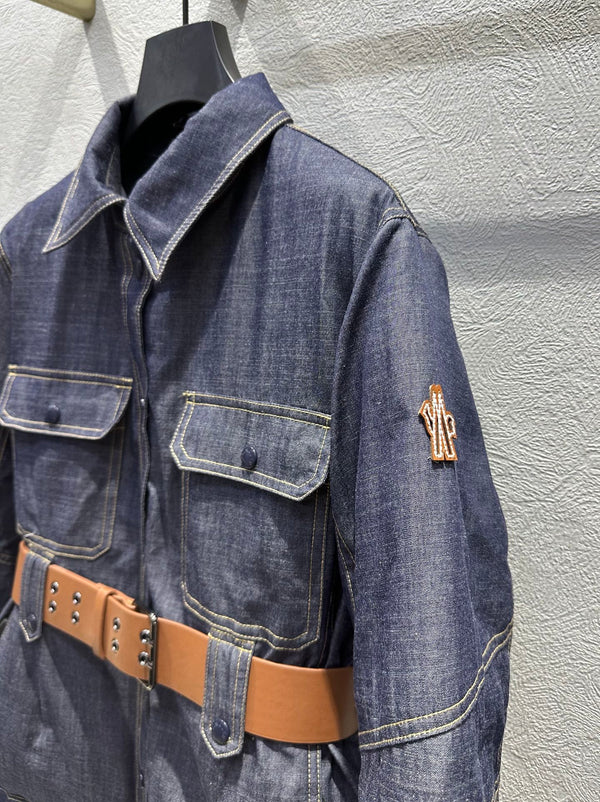 Moncler 2025 Grenoble Daintree Hooded Jacket With Belt Blue Denim Down