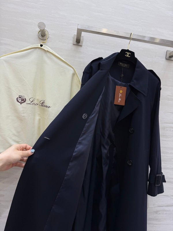 LP 25 Tie-Waist Slim Lapel Long Trench Coat Navy Blue Cotton 305537