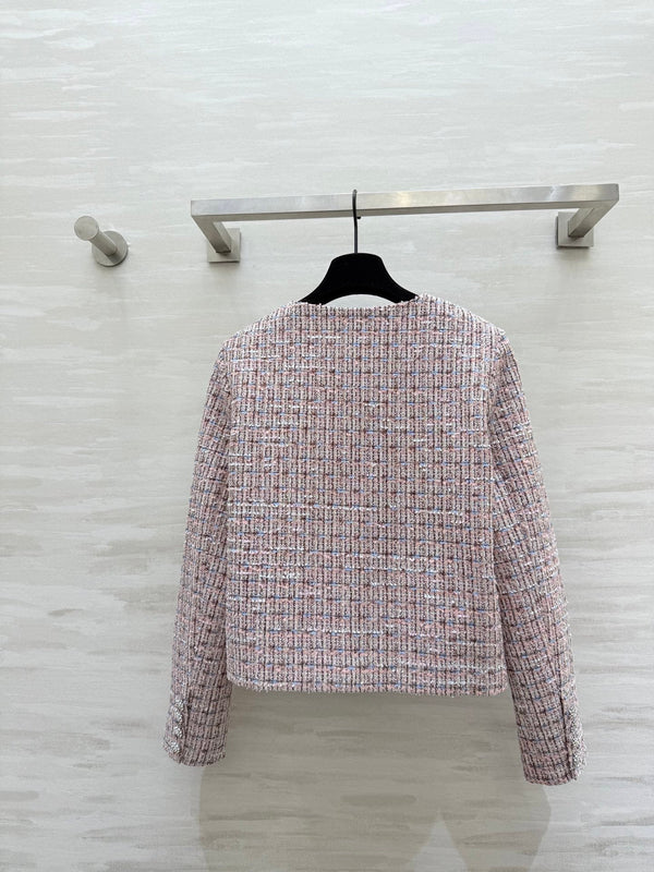 Chanel 2025 Rhinestone Chain Jacket Pink Woven Tweed Fabric 319510