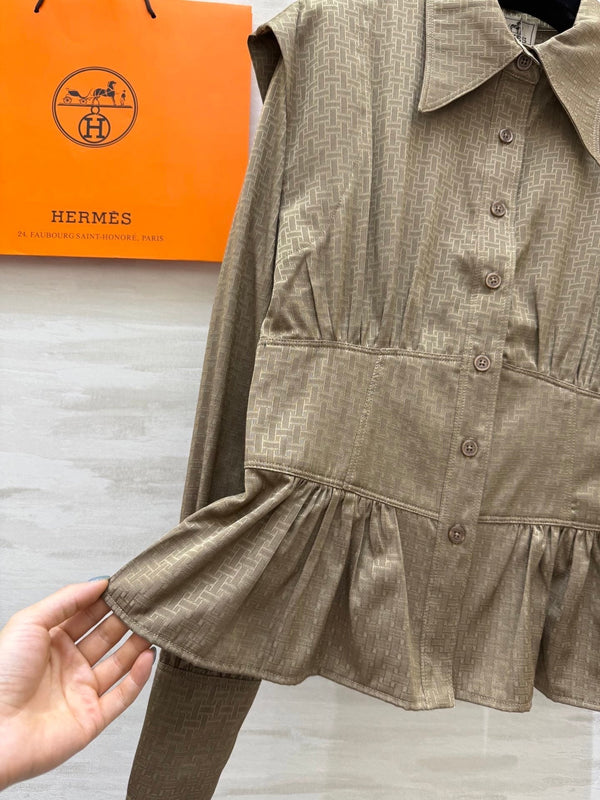 HM Jacquard Shirt with Slim Fit Taupe Silk Cotton 346526