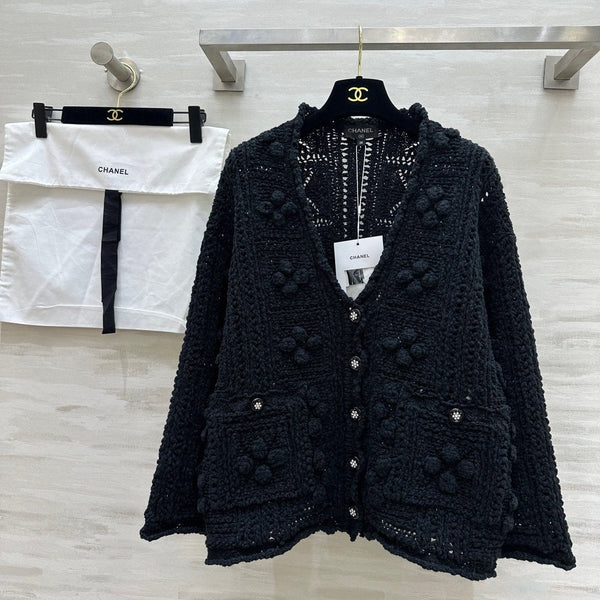 CC Openwork Crochet Knit Cardigan Black Cotton 346493