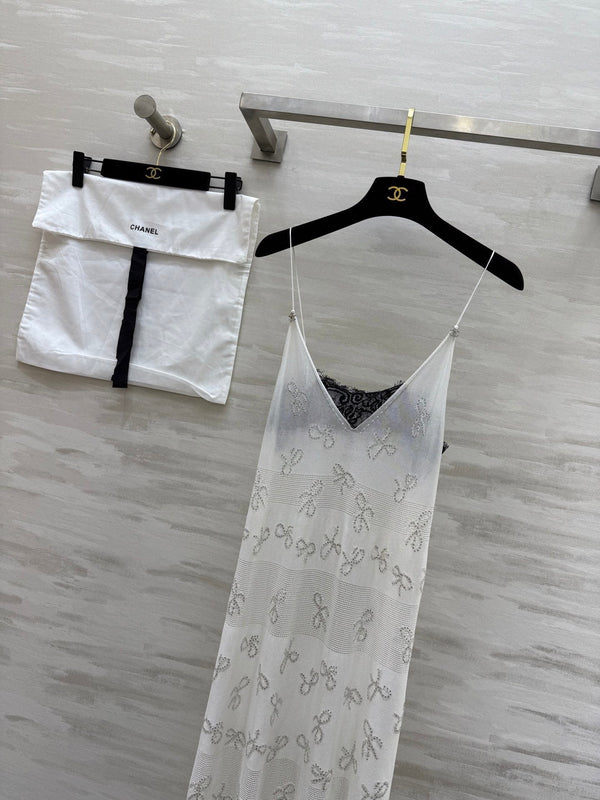 CC Rhinestone Bow Jacquard Embroidered Lace Dress White Cotton 346488