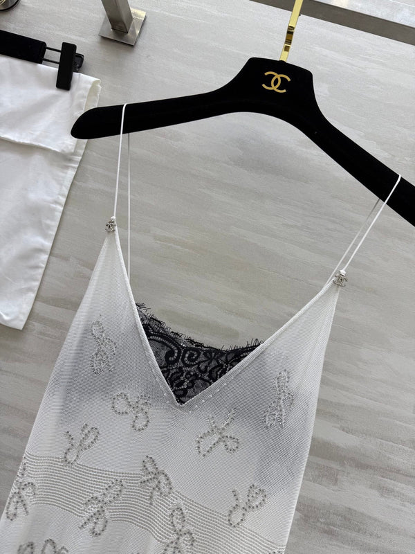 CC Rhinestone Bow Jacquard Embroidered Lace Dress White Cotton 346488
