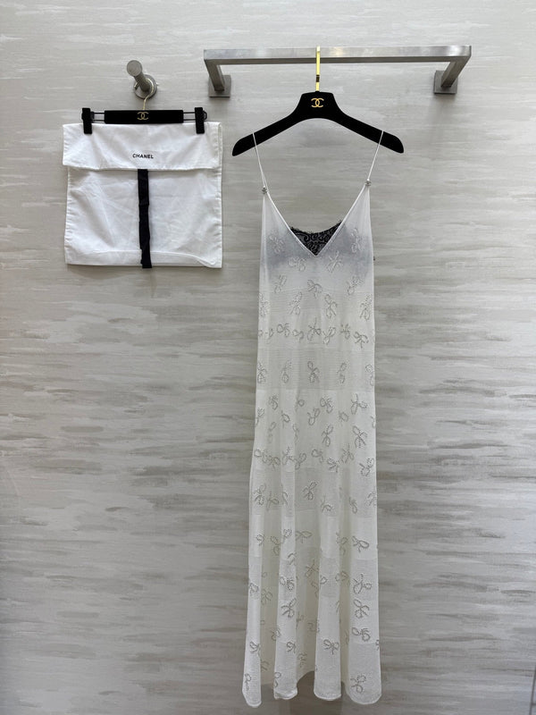 CC Rhinestone Bow Jacquard Embroidered Lace Dress White Cotton 346488