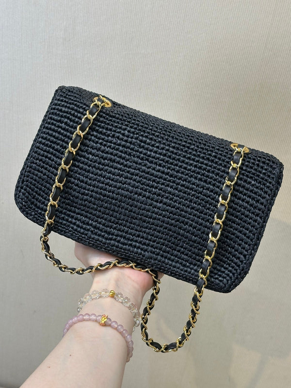 CC 26s Coco Beach 25.5CM Flap Bag Black Raffia 143485
