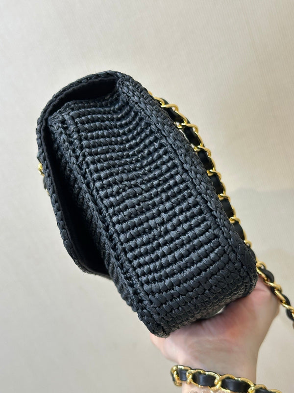 CC 26s Coco Beach 25.5CM Flap Bag Black Raffia 143485