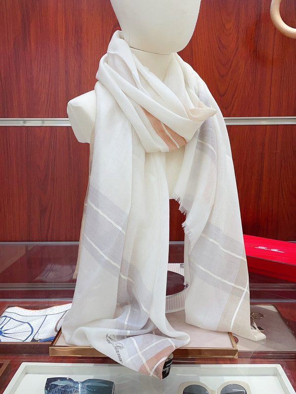 LP Striped Long Scarf 200x100 White Brown Cashmere 139455