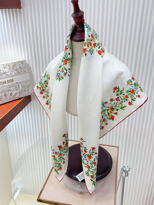 CD Dioramour Floral Heart Scarf 90x90 White Colorful Twill Silk 223490