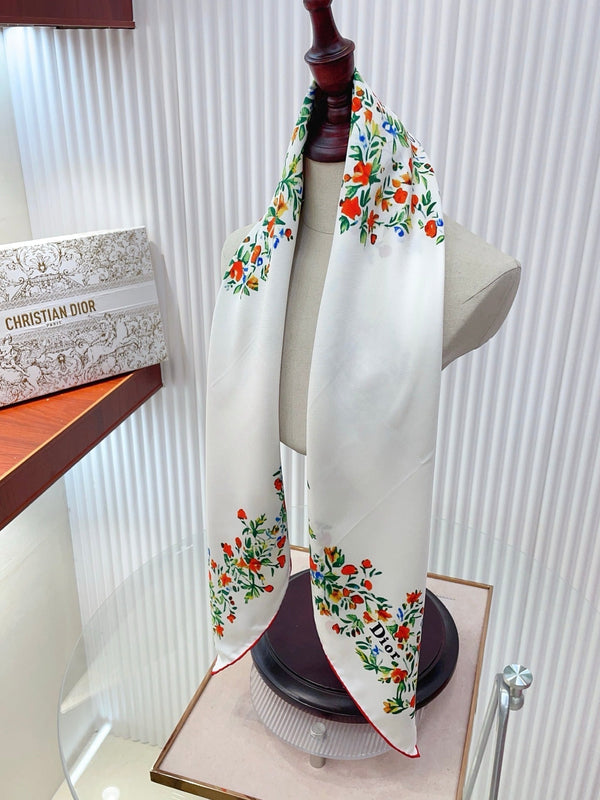 CD Dioramour Floral Heart Scarf 90x90 White Colorful Twill Silk 223490