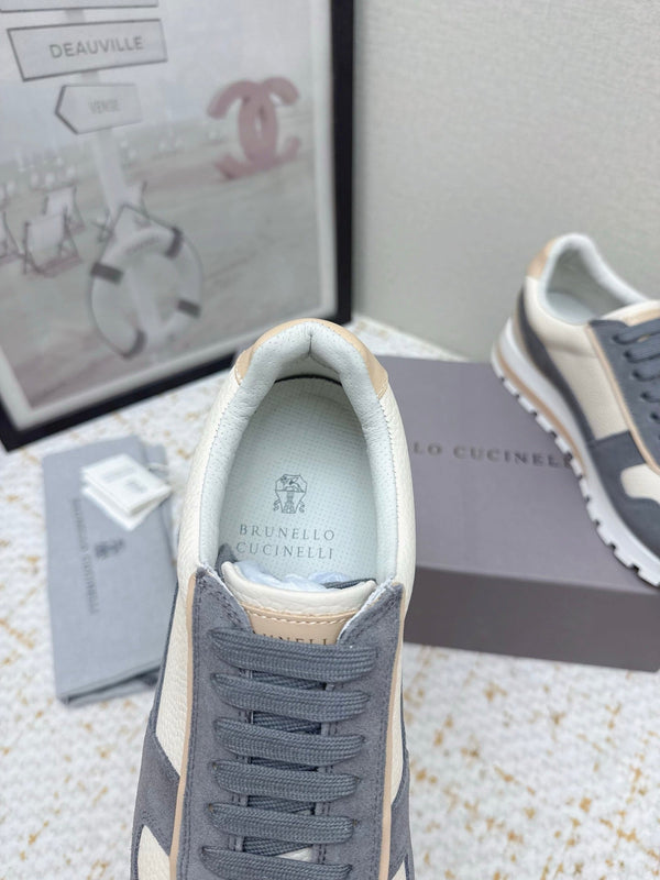 Brunello Panelled Sneakers Ivory Dark Grey Grain Leather Suede 625362