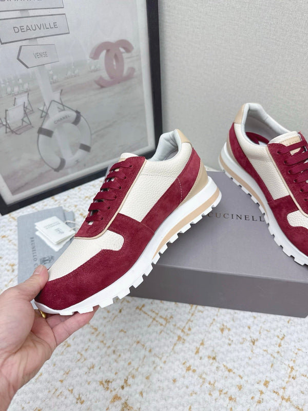 Brunello Panelled Sneakers Ivory Burgundy Grain Leather Suede 625364