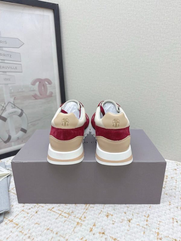 Brunello Panelled Sneakers Ivory Burgundy Grain Leather Suede 625364