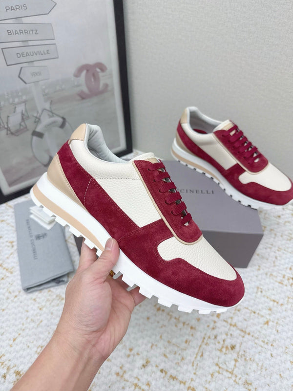 Brunello Panelled Sneakers Ivory Burgundy Grain Leather Suede 625364