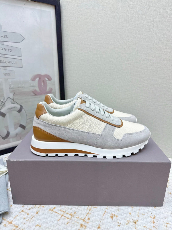 Brunello Panelled Sneakers Ivory Grey Grain Leather Suede 625366