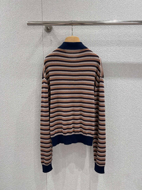 Miumiu 2026 Striped Long-sleeve Knit Polo Shirt Beige Brown Multicolour Wool 349007